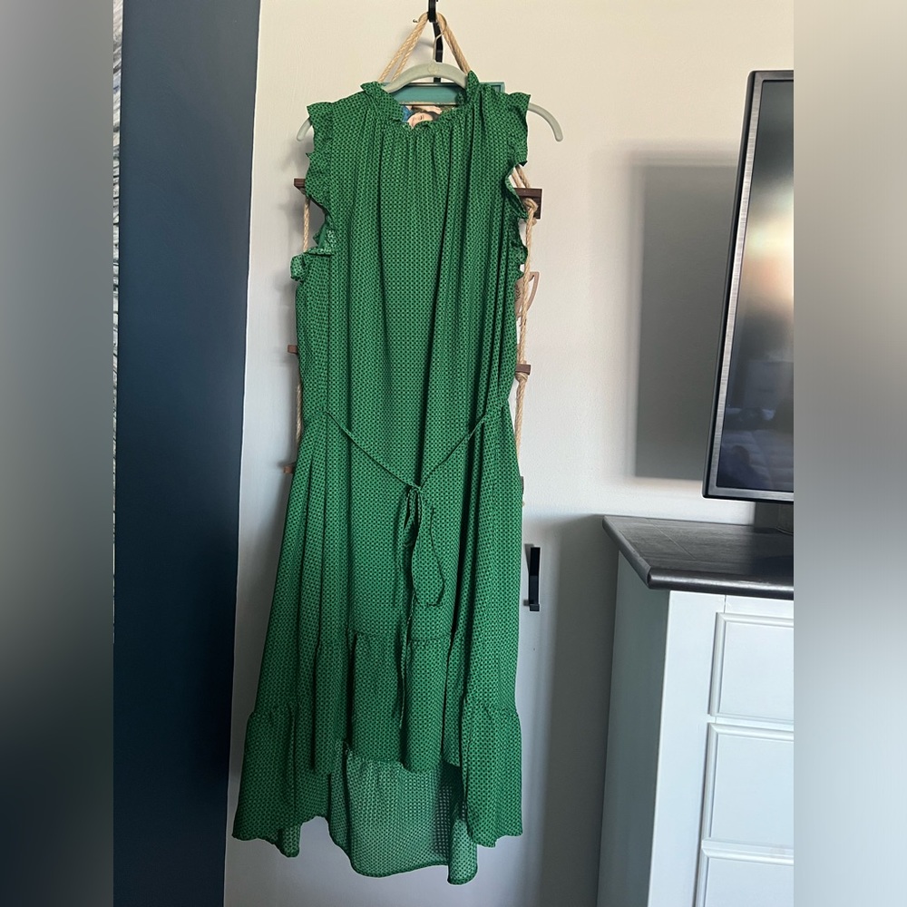 Kelly green hi-low dress with black polka dots